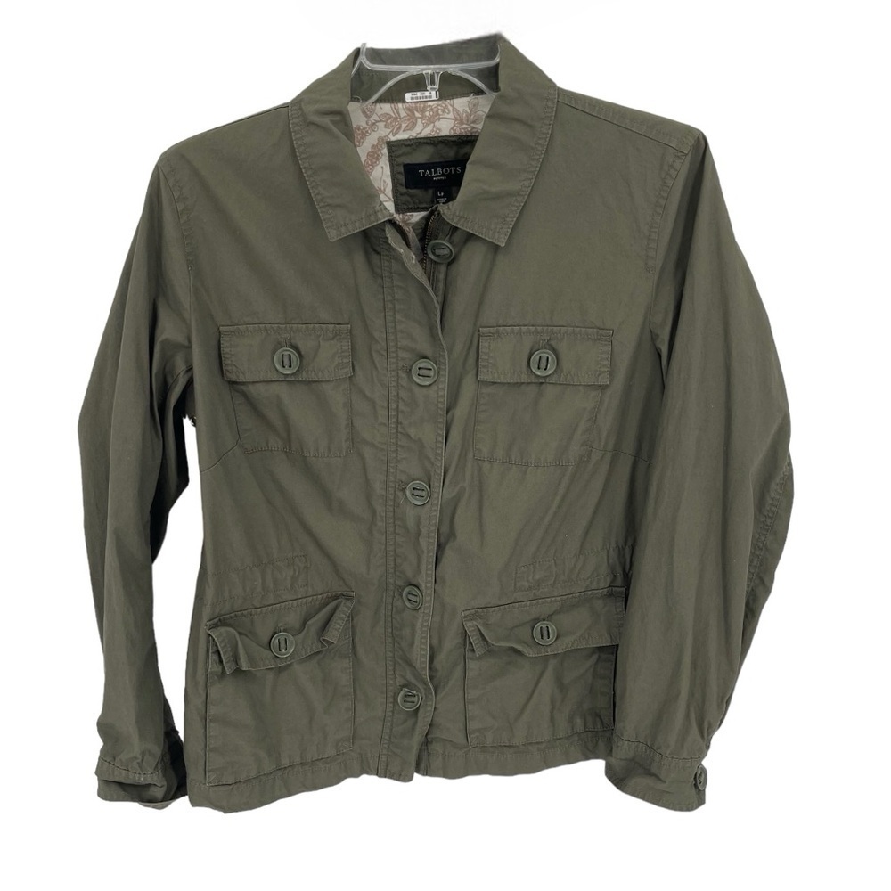 Talbots Womens Military Jacket Green Collar Buttons Cotton size Petite L